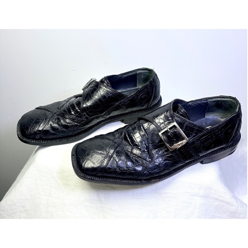 David Eden Mens Black Crocodile Leather Monk Strap Shoes Square Toe Handmade 9.5